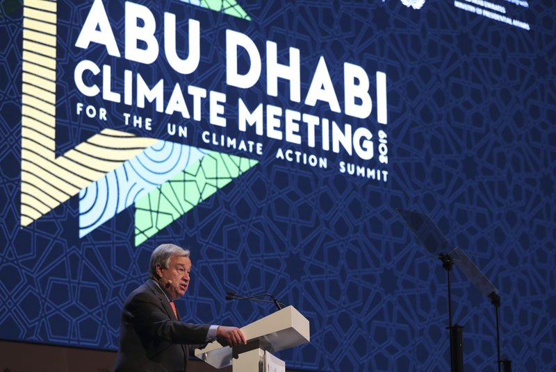 United Nations Secretary General Antonio Guterres talks to the audience at the opening ceremony of the United Nations climate change summit in Abu Dhabi, United Arab Emirates, Sunday, June 30, 2019. (AP Photo/Kamran Jebreili)