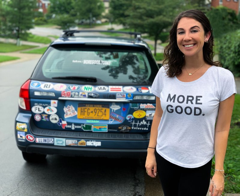 SARAH HENRY Mary Latham of New York with Old Blue, the Subaru once owned by her mother that she's driving across the country while looking for acts of kindness.