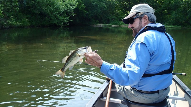 Russ Tonkinson admires a largemouth bass he caught May 31, 2019 at Black Bass Lake. The fish hit a top-water lure.