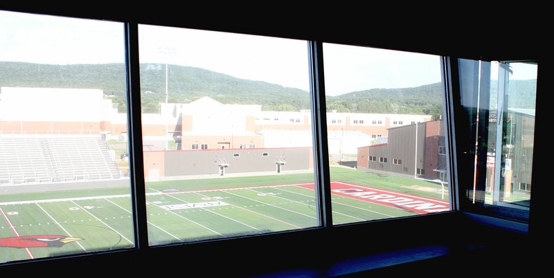 MARK HUMPHREY ENTERPRISE-LEADER View from the press box included within a $16 million Cardinal Stadium and Farmington Sports Complex. The building across the way in the center panel contains soccer facilities. Farmington plans to take up soccer as club sport in the spring of 2020, then begin varsity play in 2021. See more photos on pages 3B and 4B.