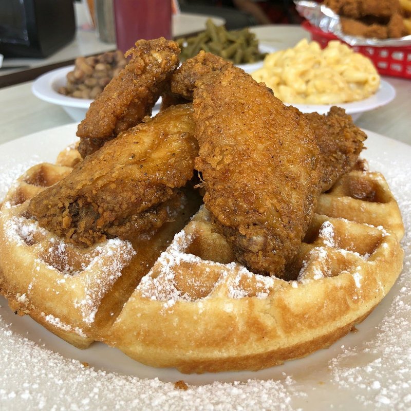 Sweet meets savory in The Original Waffle Dinner at Ceci's Chicken &amp; Waffles and More on Colonel Glenn Road in Little Rock. Arkansas Democrat-Gazette/Sean Clancy