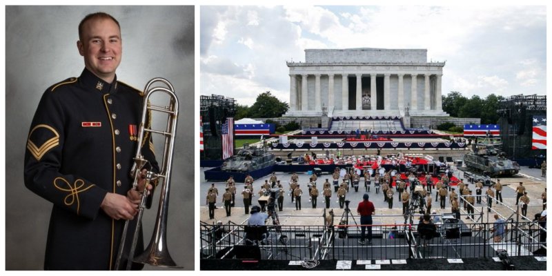 Staff Sgt. Austin Westjohn, left, joined the U.S. Army Band in 2018. The band is to perform today on the lawn of the U.S. Capitol as part of the nation’s Fourth of July celebration. At right, set-up and rehearsals continue Wednesday around the Lincoln Memorial.

