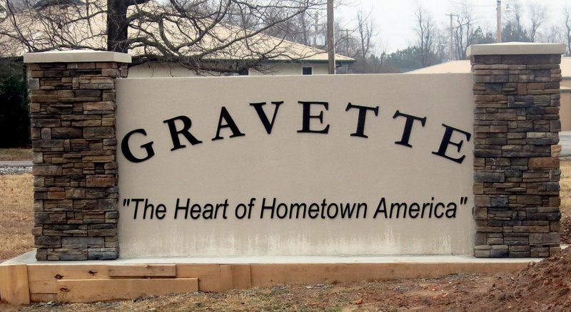 FILE - A welcome sign in Gravette is shown in this file photo.