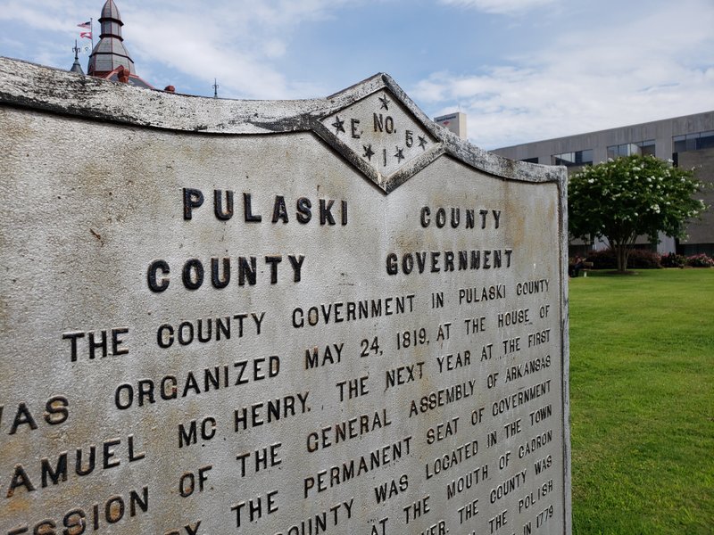 FILE — A Pulaski County government landmark sign in downtown Little Rock is shown in this 2019 file photo.