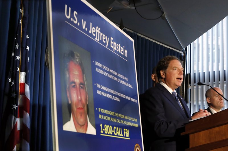United States Attorney for the Southern District of New York Geoffrey Berman speaks during a news conference, in New York, Monday, July 8, 2019. Federal prosecutors announced sex trafficking and conspiracy charges against wealthy financier Jeffrey Epstein. Court documents unsealed Monday show Epstein is charged with creating and maintaining a network that allowed him to sexually exploit and abuse dozens of underage girls.(AP Photo/Richard Drew)

