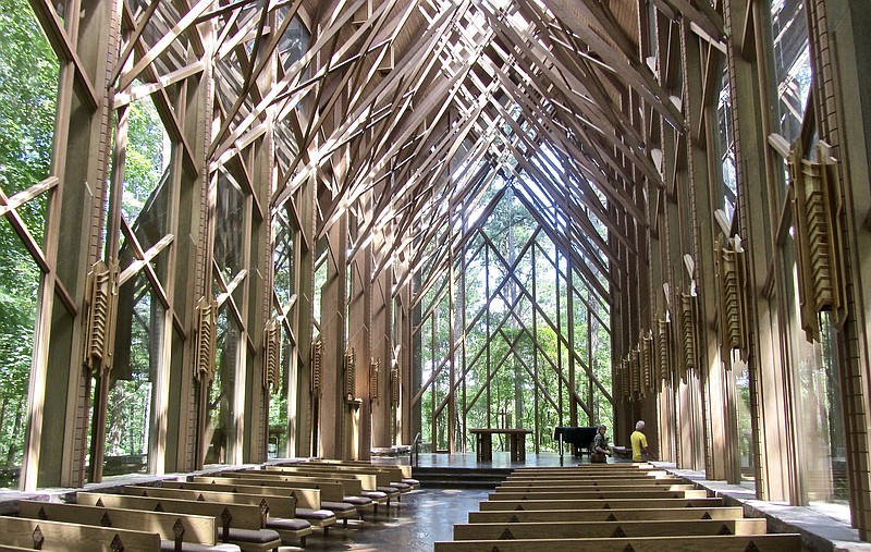 Roughly 10,000 square feet of glass give an airy aura to 160-seat Anthony Chapel at Garvan Woodland Gardens. Photo by Marcia Schnedler, special to the Democrat-Gazette