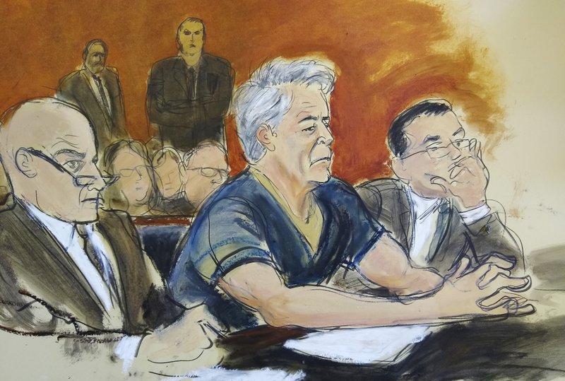The Associated Press CHARGES: In this courtroom artist's sketch, defendant Jeffrey Epstein, center, sits with attorneys Martin Weinberg, left, and Marc Fernich during his arraignment in New York federal court, Monday. Epstein pleaded not guilty to federal sex trafficking charges. The 66-year-old is accused of creating and maintaining a network that allowed him to sexually exploit and abuse dozens of underage girls from 2002 to 2005. story.lead_photo.caption