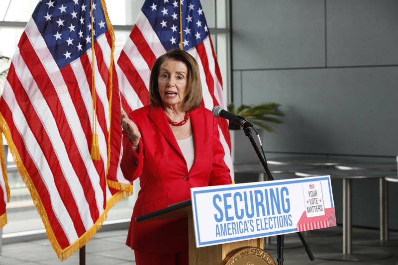 House Speaker Nancy Pelosi speaks during a news conference at the Federal Building in San Francisco on Monday, July 8, 2019. She and other elected leaders and advocates, called for the Senate to pass the Securing America's Elections (SAFE) Act, a bill to protect elections from future foreign interference. House Speaker Pelosi said President Donald Trump wants to add a citizenship question to next year's Census because he wants to &quot;make America white again.&quot; (AP Photo/Samantha Maldonado)