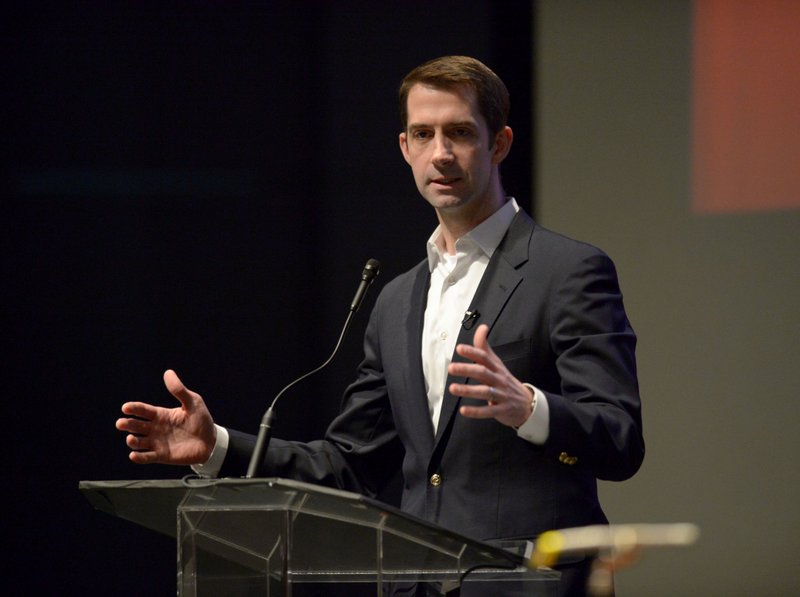 Sen. Tom Cotton speaks Saturday, Feb. 3, 2018, during the annual Washington County Republican Committee Lincoln Day event at the Springdale High School Performing Arts Center.