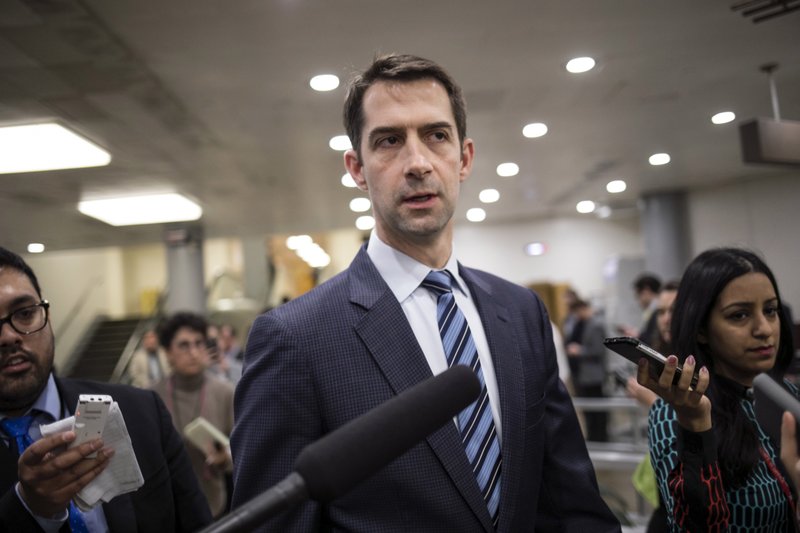 FILE — U.S. Sen. Tom Cotton, R-Ark., is interviewed by reporters at the Capitol in Washington, Jan. 25, 2018.
