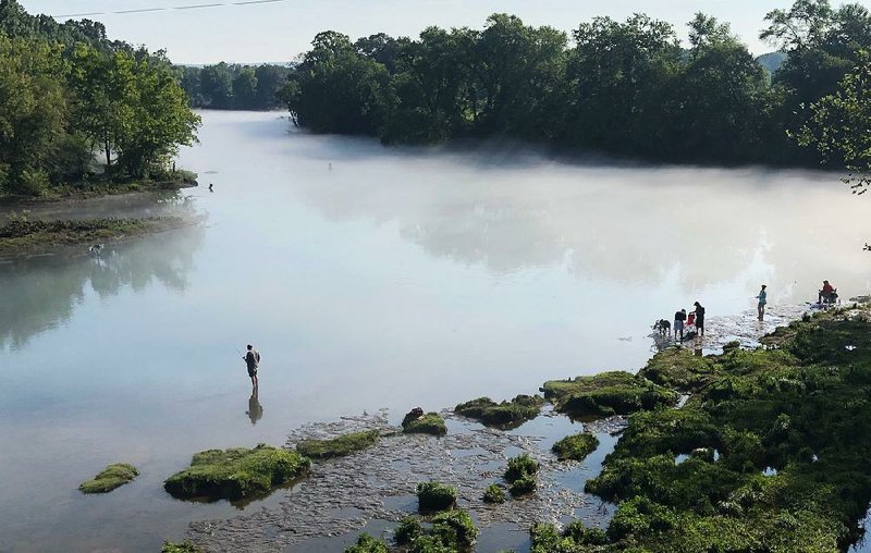 Fishermen gather along the banks of the Little Red River in Cleburne County near the "Swinging Bridge" for a morning of rainbow trout fishing, July 10, 2019.