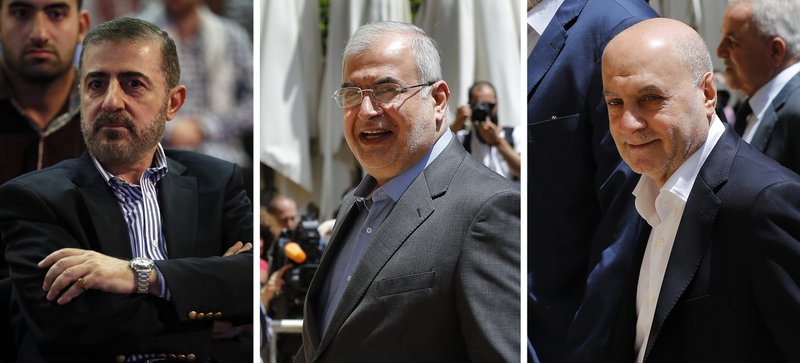 This combination of three photo shows, from left, Wafiq Safa, a top Hezbollah security official, and Lebanon Parliament members Muhammad Hasan Ra'd and Amin Sherri in Beirut. The U.S. Treasury Department is imposing sanctions the three men, who are suspected of using their positions to further the aims of the Iran-backed military group and "bolster Iran's malign activities." (AP Photo/Hussein Malla)