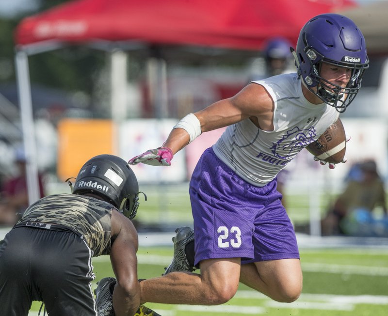 Connor Flannigan, Fayetteville wide receiver, Saturday, July 14, 2018, during the second finals game against Broken Arrow in the Southwest Elite 7 on 7 Showcase at Shiloh Christian's Champions Stadium.