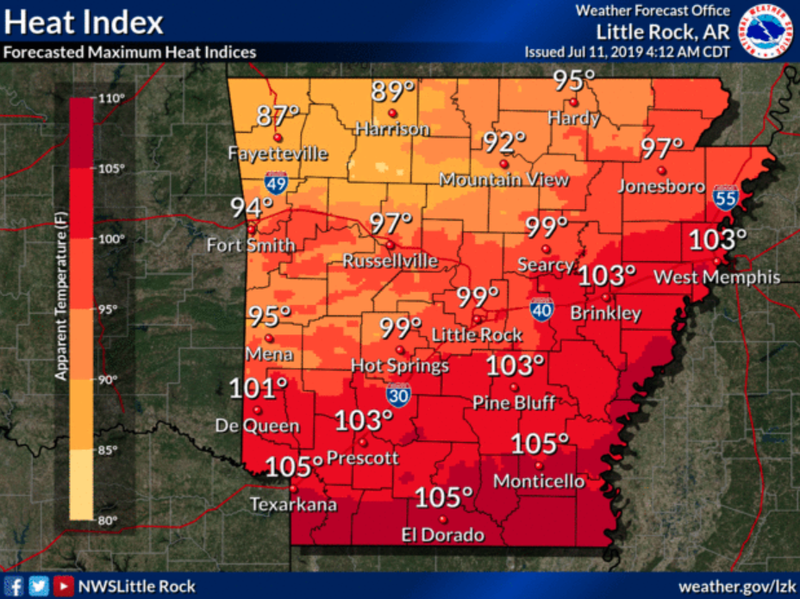 This National Weather Service graphic shows expected heat indices across Arkansas on Thursday.