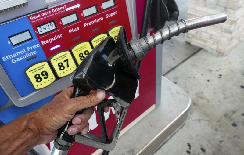 In this June 26, 2019 photo, a man adds fuel to his vehicle with the price of gas displayed at the pump at a gas station in Orlando, Fla.(AP Photo/John Raoux)