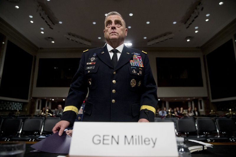 Gen. Mark Milley appears before a Senate Armed Services Committee hearing on Capitol Hill in Washington, Thursday, July 11, 2019, for reappointment to the grade of general and to be Joint Chiefs of Staff Chairman. (AP Photo/Andrew Harnik)