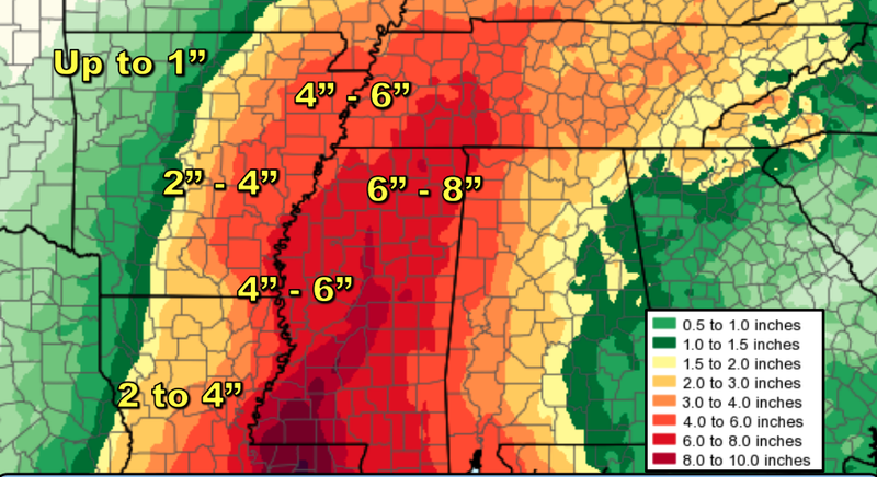 This National Weather Service graphic shows expected rainfall in Arkansas through next Friday.