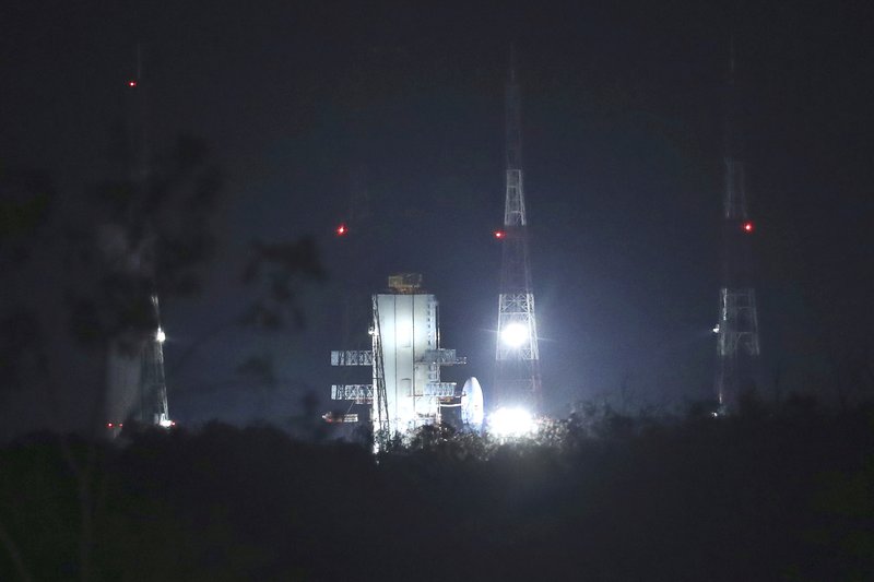 Indian Space Research Organization (ISRO)'s Geosynchronous Satellite launch Vehicle (GSLV) MkIII carrying Chandrayaan-2 stands at Satish Dhawan Space Center after the mission was aborted at Sriharikota in southern India, Monday, July 15, 2019. India has called off the launch of a moon mission to explore the lunar south pole. The Chandrayaan-2 mission was aborted less than an hour before takeoff on Monday. An Indian Space Research Organization spokesman says a &quot;technical snag&quot; was observed in the 640-ton launch-vehicle system. (AP Photo/Manish Swarup)