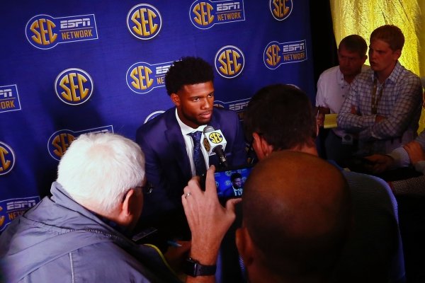 Missouri quarterback Kelly Bryant speaks during the NCAA college football Southeastern Conference Media Days, Monday, July 15, 2019, in Hoover, Ala. (AP Photo/Butch Dill)