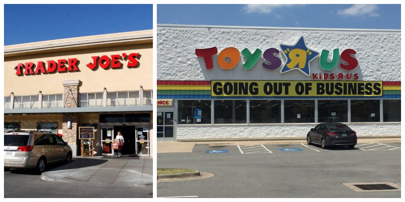 FILE — A Trader Joe's storefront, left, with Little Rock's Toys "R" Us location, 11500 Financial Centre Parkway.
