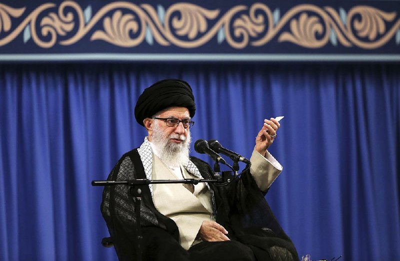 Iran’s supreme leader Ayatollah Ali Khamenei speaks Tuesday to clerics in Tehran concerning retaliation over the seizure of an Iranian supertanker earlier this month. 