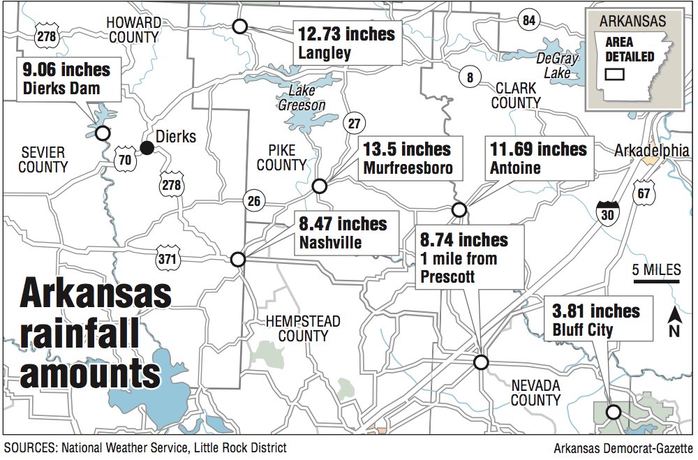 A map showing Arkansas rainfall amounts