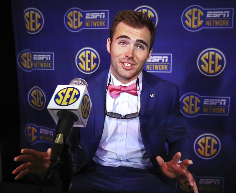 Georgia quarterback Jake Fromm speaks during a press conference at the Southeastern Conference NCAA college football media days in Hoover, Ala., Tuesday, July 16, 2019. (Curtis Compton /Atlanta Journal-Constitution via AP)
