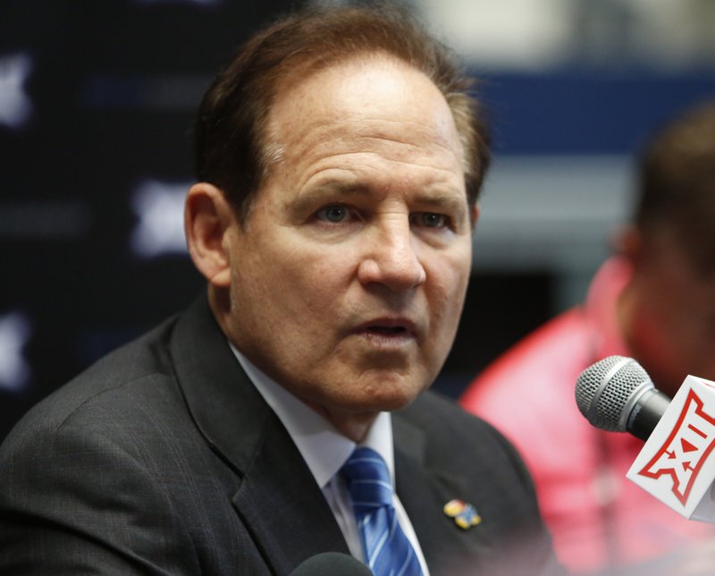 Kansas coach Les Miles speaks to the media on the first day of Big 12 NCAA college football media days Monday, July 15, 2019, at AT&amp;T Stadium in Arlington, Texas. (AP Photo/David Kent)