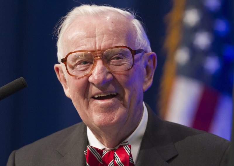 In this May 30, 2012, file photo, former U.S. Supreme Court Justice John Paul Stevens speaks at a lecture presented by the Clinton School of Public Service in Little Rock, Ark. 