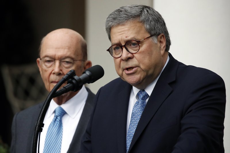 Attorney General William Barr speaks about the census as Commerce Secretary Wilbur Ross listens during an event with President Donald Trump in the Rose Garden at the White House, Thursday, July 11, 2019, in Washington. (AP Photo/Alex Brandon)


