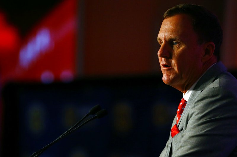 Arkansas head coach Chad Morris speaks to reporters during the NCAA college football Southeastern Conference Media Days, Wednesday, July 17, 2019, in Hoover, Ala. (AP Photo/Butch Dill)