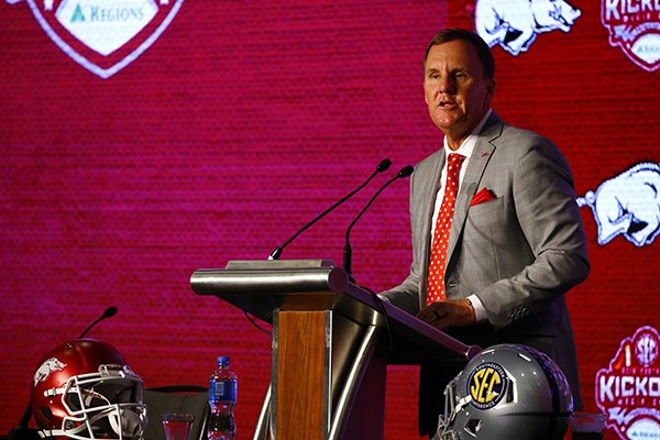 Arkansas head coach Chad Morris speaks to reporters during the NCAA college football Southeastern Conference Media Days, Wednesday, July 17, 2019, in Hoover, Ala. (AP Photo/Butch Dill)


