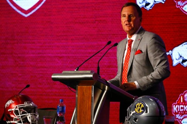 Arkansas head coach Chad Morris speaks to reporters during the NCAA college football Southeastern Conference Media Days, Wednesday, July 17, 2019, in Hoover, Ala. (AP Photo/Butch Dill)