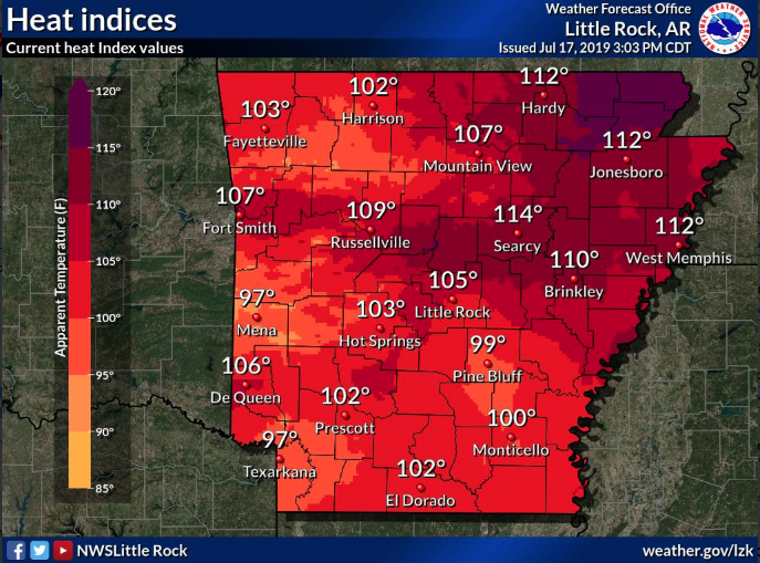 A National Weather Service map shows heat indices across Arkansas on Wednesday.