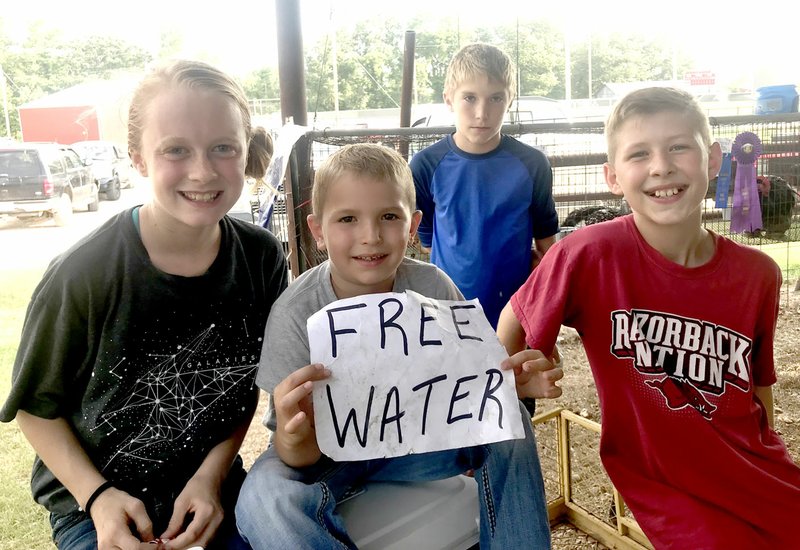Sally Carroll/McDonald County Press Tori Mills (left) 11, Kash Denny, 6, Caleb Garvin, 12, and Kyle Michael, 11, (back row) pause for a photo while delivering free water at the McDonald County Fair last year.The group delivered &quot;ice cold water&quot; from a cooler and Garvin said people were &quot;grateful&quot; for the free refreshment during the fair's hot summer temperatures.
