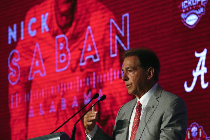 Alabama head coach Nick Saban speaks during the NCAA college football Southeastern Conference Media Days, Wednesday, July 17, 2019, in Hoover, Ala. 