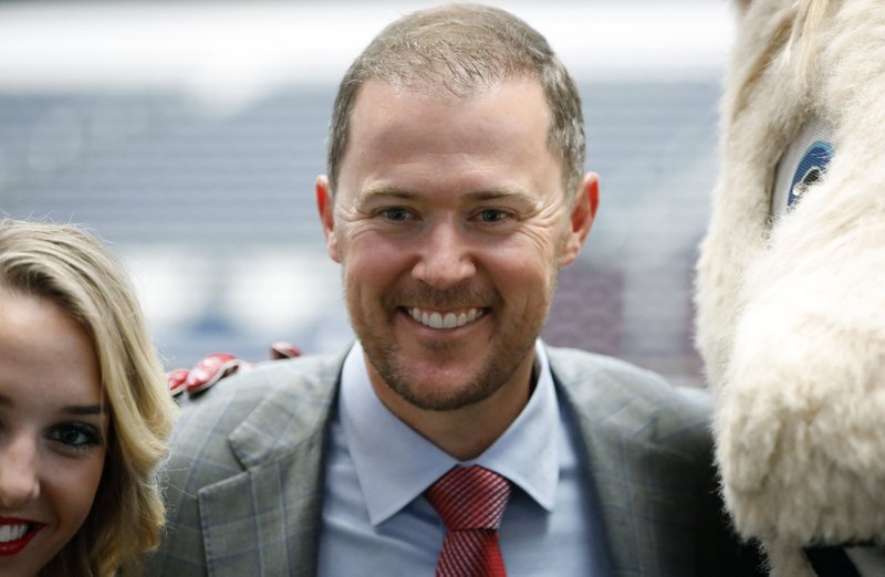 Oklahoma head coach Lincoln Riley poses for a picture on the first day of Big 12 Conference NCAA college football media days Monday, July 15, 2019, at AT&T Stadium in Arlington, Texas. 