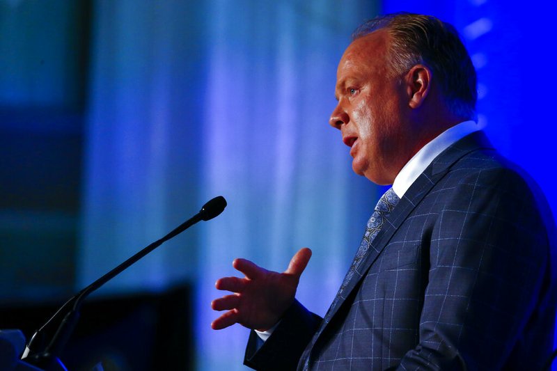 The Associated Press
NOT AGAIN:
Kentucky head coach Mark Stoops speaks to reporters Thursday during the NCAA Southeastern Conference media days in Hoover, Ala.