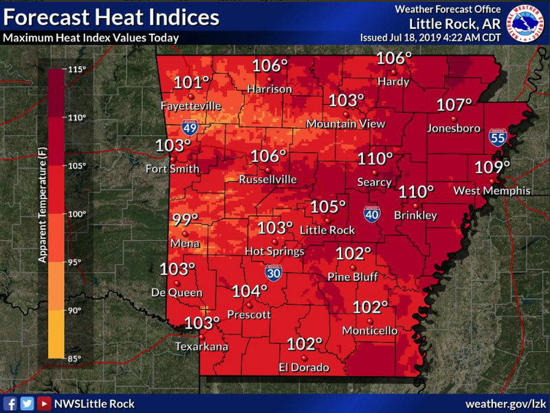 A map from the National Weather Service shows predicted heat indices across Arkansas Thursday.