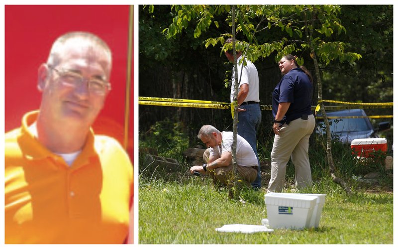 LEFT: Stone County sheriff's office Sgt. Mike Stephen is shown in this 2016 file photo. RIGHT: Police investigate the scene of a shooting that killed Stephen and another person and wounded a woman on Thursday morning in Stone County.