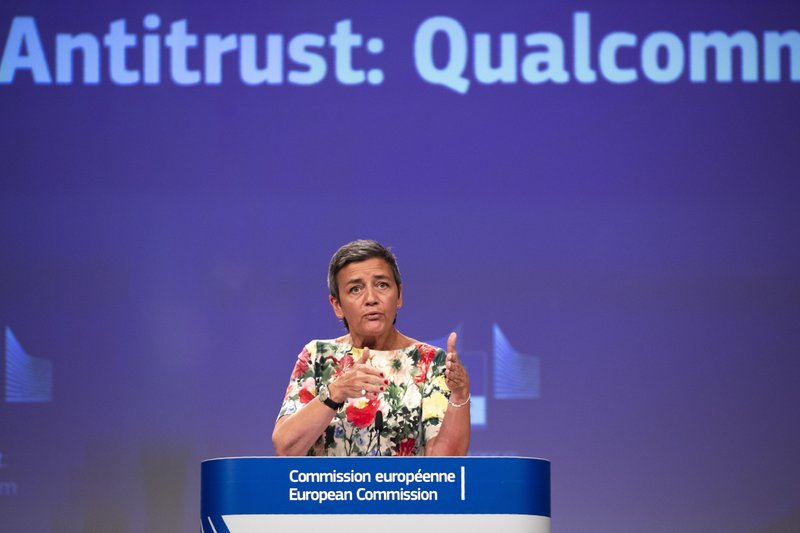 European Antitrust Commissioner Margrethe Vestager talks to journalists during a news conference at the European Commission headquarters in Brussels, Thursday, July 18, 2019. (AP Photo/Francisco Seco)
