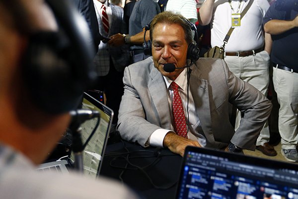 Alabama head coach Nick Saban visits Radio Row during the NCAA college football Southeastern Conference Media Days, Wednesday, July 17, 2019, in Hoover, Ala. (AP Photo/Butch Dill)