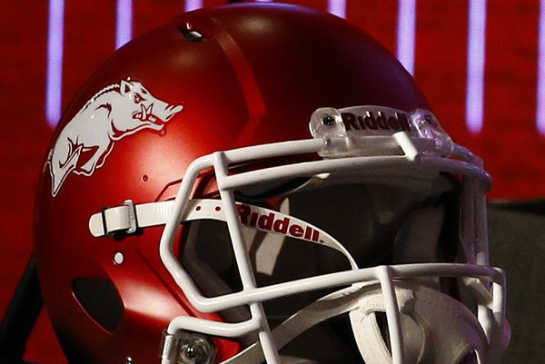 An Arkansas football helmet is shown during SEC Media Days on Wednesday, July 17, 2019, in Hoover, Ala. (AP Photo/Butch Dill)

