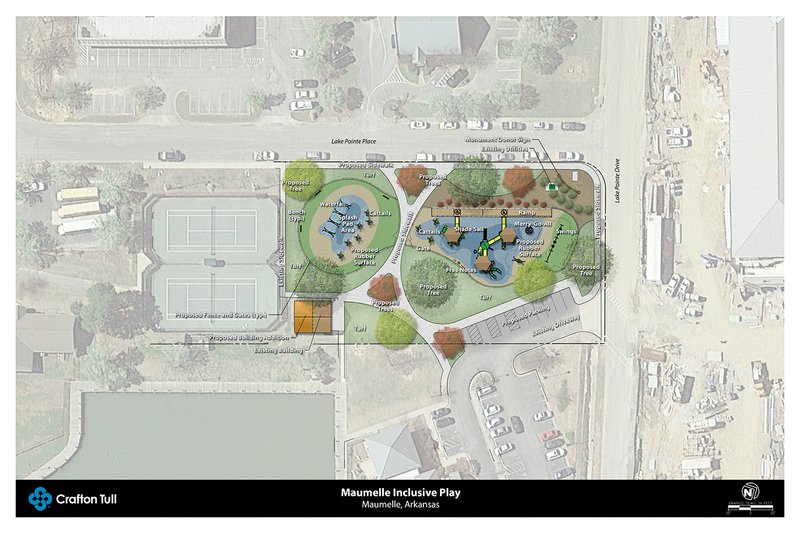 This drawing by Crafton Tull shows the layout of the all-inclusive playground and splash pad planned for Maumelle on city-owned property near tennis courts and the library. However, the splash pad is now taking priority because funding is coming in slowly for the $800,000 project, said Dave Roberts, designer. The splash pad will cost about $200,000, he said.