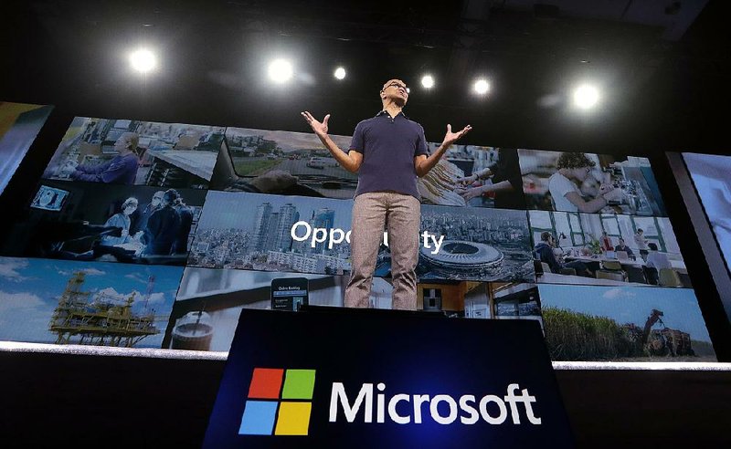 Microsoft chief executive Satya Nadella speaks in May at the company’s software conference in Seattle. Nadella has centered a new strategy on cloud services to compete with market leader Amazon. 