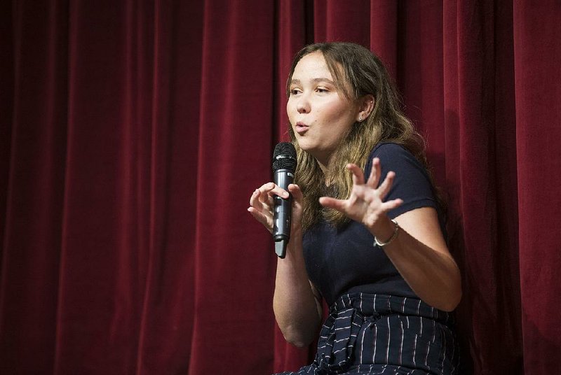Lauren Hogg talks Friday at the University of Arkansas, Fayetteville about her experience as a survivor of  the 2018 shooting at her high school in Parkland, Fla. 