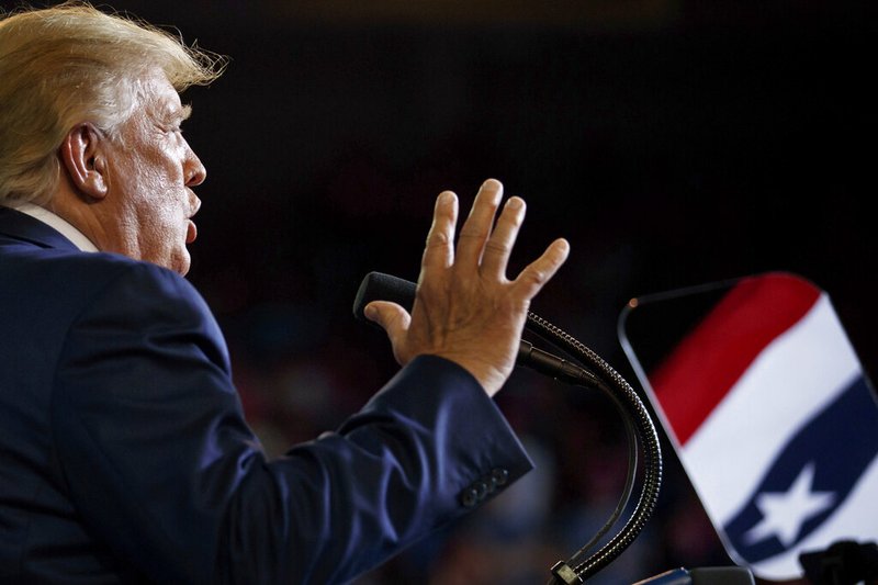 In this Wednesday, July 17, 2019 file photo, President Donald Trump speaks at a campaign rally at Williams Arena in Greenville, N.C. (AP Photo/Carolyn Kaster)