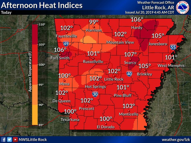 This National Weather Service graphic shows heat indices are predicted to exceed 100 degrees Saturday afternoon. 