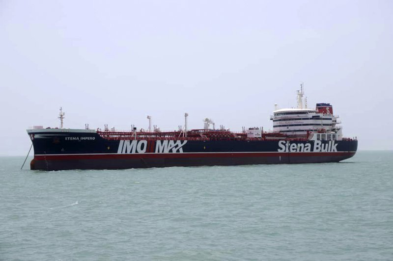 The British-flagged oil tanker Stena Impero, which was seized by Iran's Revolutionary Guard on Friday, is photographed in the Iranian port of Bandar Abbas, on Saturday, July 20, 2019. (Tasnim News Agency/via AP)