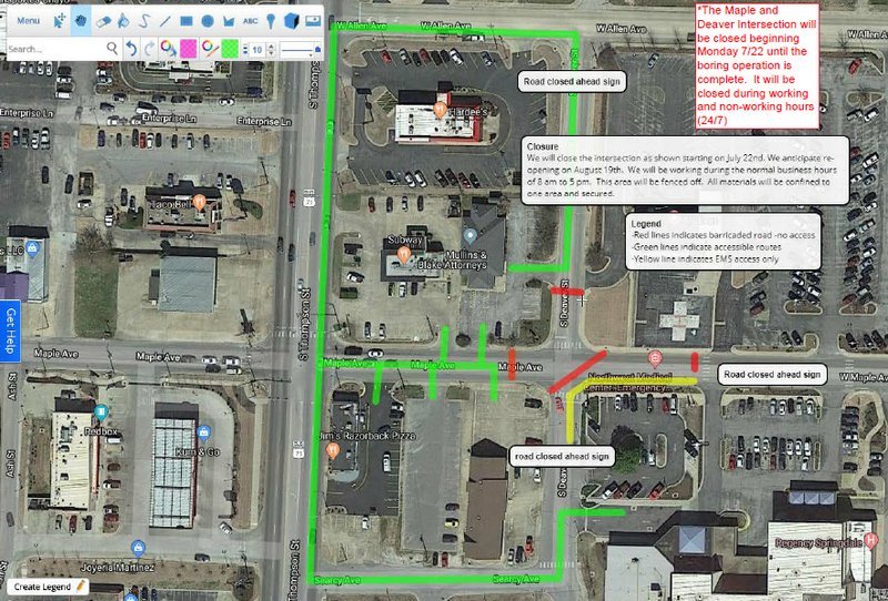 Courtest Photo Map that indicates where traffic will be allowed to go during the road closure at Maple Avenue and Deaver Street. The closure is expected to take at least a month to finish and no traffic will be allowed through the intersection at any time.